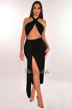 Black Halter Crisscross Cut Out Drape Ruched Slit Dress