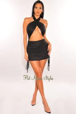 Black Halter CrissCross Cut Out Ruched Dress -Miamis Style Shop black halter crisscross cut out ruched dress hot miami styles 723030