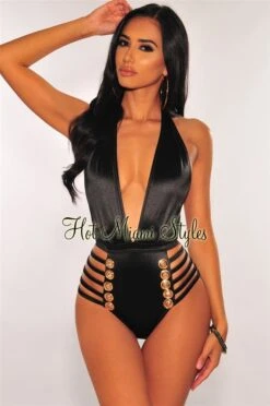 Black Halter Gold Button Strappy Sides Swimsuit