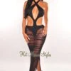 Black Halter Tie Up Cut Out Mesh Ruched Dress