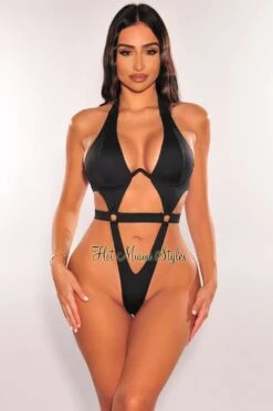 Black Halter Underwire Tie Up Cut Out Ultra High Cut Swimsuit