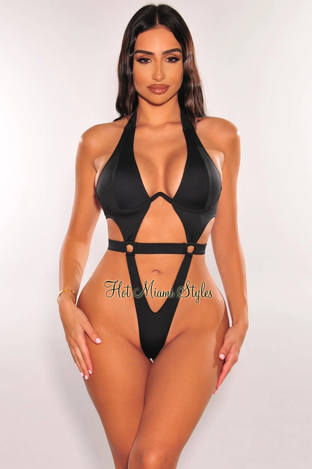 Black Halter Underwire Tie Up Cut Out Ultra High Cut Swimsuit 1 Black Halter Underwire Tie Up Cut Out Ultra High Cut Swimsuit