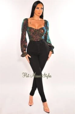 Black Iridescent Sequins Padded Long Sleeve Bustier Crop Top -Miamis Style Shop black iridescent sequins padded long sleeve bustier crop top hot miami styles 422467