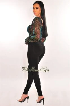 Black Iridescent Sequins Padded Long Sleeve Bustier Crop Top -Miamis Style Shop black iridescent sequins padded long sleeve bustier crop top hot miami styles 539443