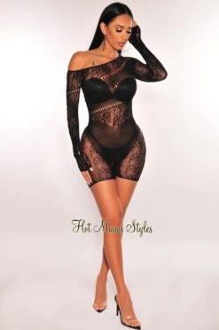 Black Lace Seamless Sheer Long Sleeve One Shoulder Rhinestone Cut Out Romper -Miamis Style Shop black lace seamless sheer long sleeve one shoulder rhinestone cut out romper hot miami styles 368330