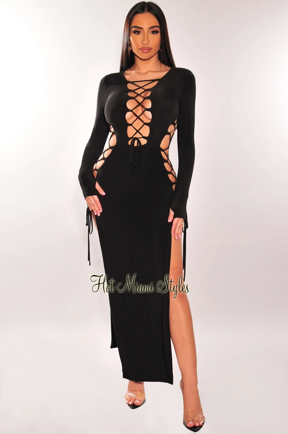Black Lace Up Long Sleeve Double Slit Dress 1 Black Lace Up Long Sleeve Double Slit Dress