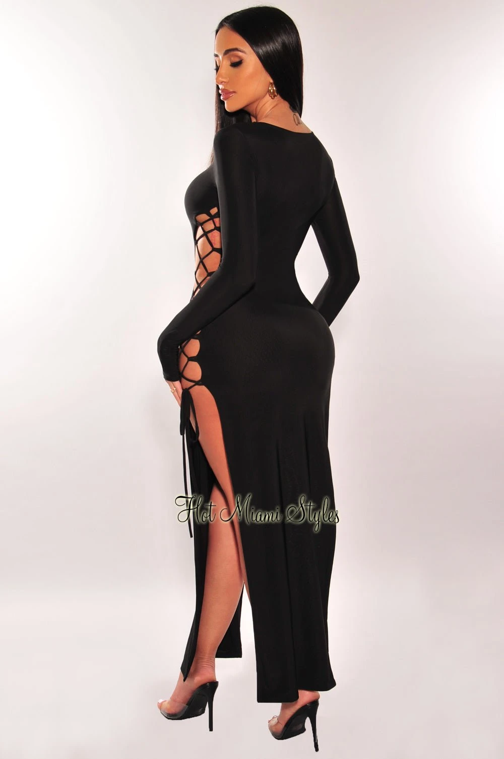 Black Lace Up Long Sleeve Double Slit Dress 2 Black Lace Up Long Sleeve Double Slit Dress - Image 2