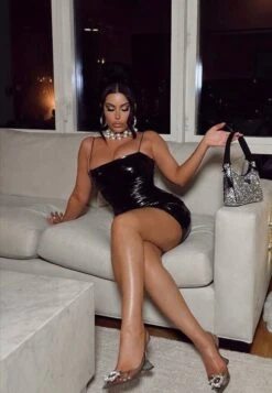 Black Latex Spaghetti Strap Ruched Mini Dress -Miamis Style Shop black latex spaghetti strap ruched mini dress hot miami styles 743896