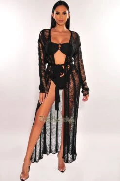 Black Long Sleeve Ladder Cut Belted Cover Up -Miamis Style Shop black long sleeve ladder cut belted cover up hot miami styles 364742