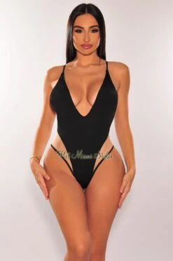 Black Mesh Nude Illusion Spaghetti Strap Deep V Neck Swimsuit