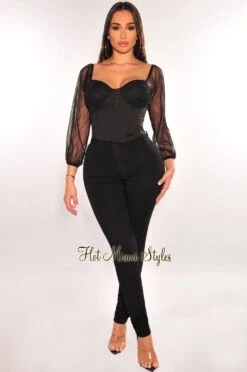 Black Mesh Padded Long Sleeve Bustier Crop Top -Miamis Style Shop black mesh padded long sleeve bustier crop top hot miami styles 829575