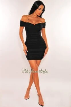 Black Mesh Padded Off Shoulder Ruched Dress -Miamis Style Shop black mesh padded off shoulder ruched dress hot miami styles 443614