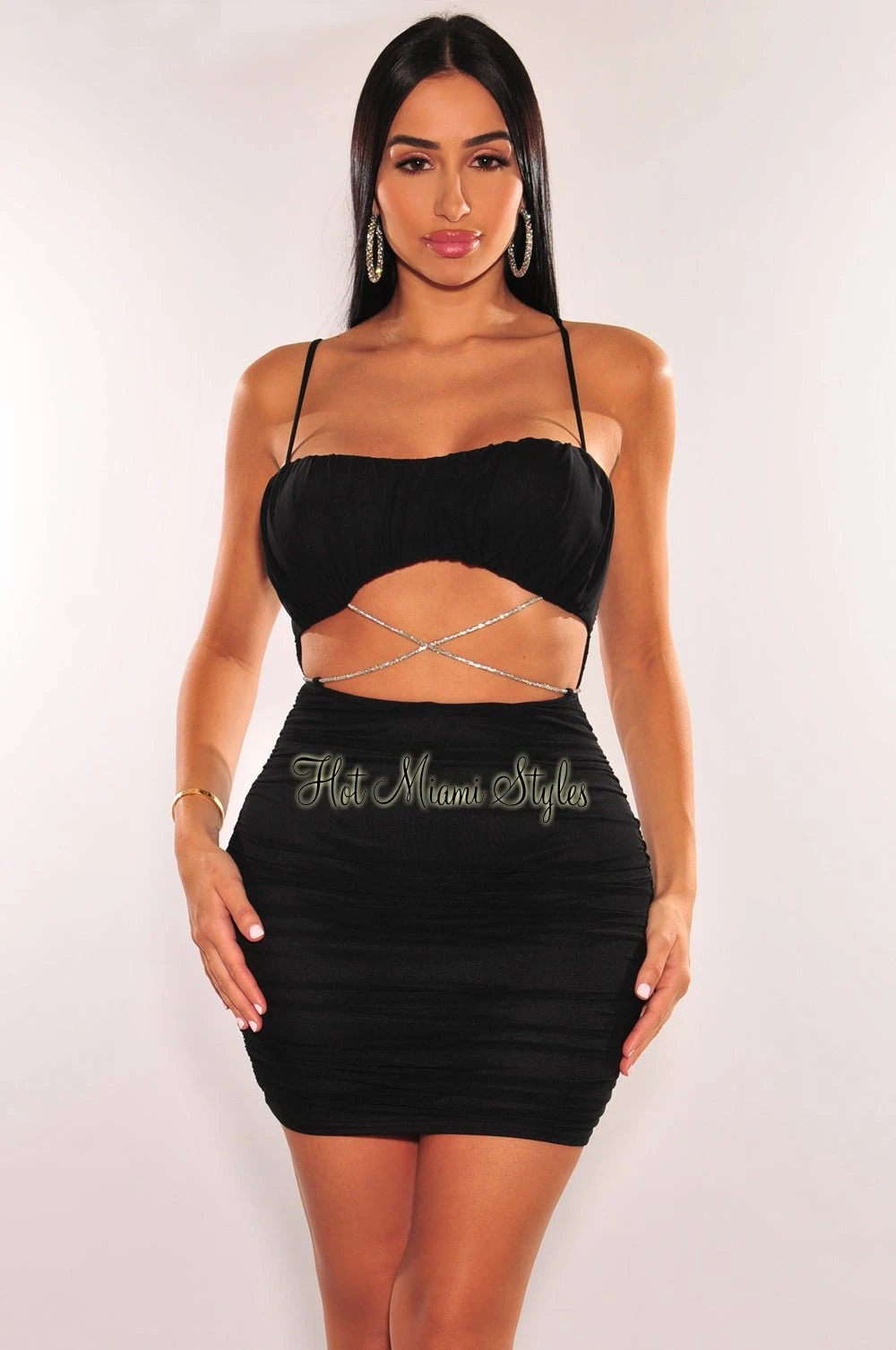 Black Mesh Padded Spaghetti Strap Ruched Cut Out Wrap Around Rhinestone Dress 1 Black Mesh Padded Spaghetti Strap Ruched Cut Out Wrap Around Rhinestone Dress