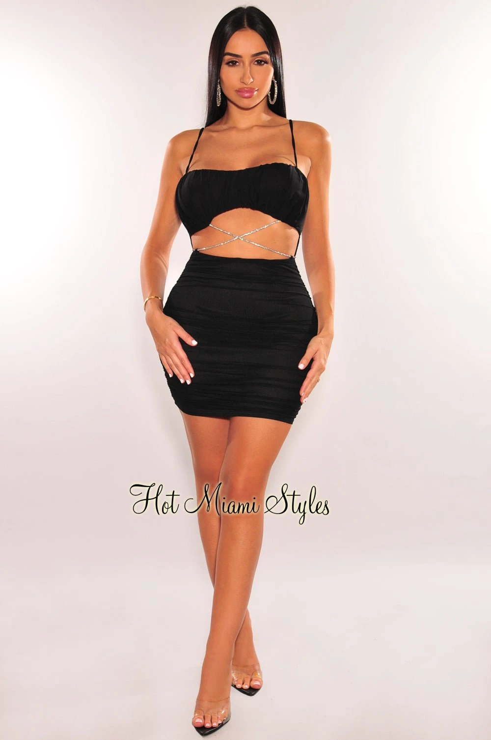 Black Mesh Padded Spaghetti Strap Ruched Cut Out Wrap Around Rhinestone Dress 3 Black Mesh Padded Spaghetti Strap Ruched Cut Out Wrap Around Rhinestone Dress - Image 3