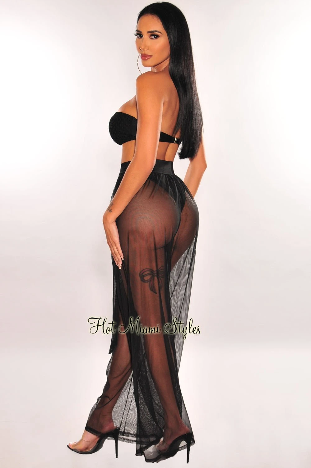 Black Mesh Sheer Belted High Waist Palazzo Pants Cover Up 2 Black Mesh Sheer Belted High Waist Palazzo Pants Cover Up - Image 2