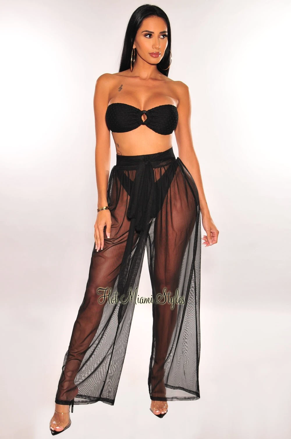 Black Mesh Sheer Belted High Waist Palazzo Pants Cover Up 1 Black Mesh Sheer Belted High Waist Palazzo Pants Cover Up