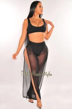 Black Mesh Sheer High Waist Double Slit Cover Up Pants
