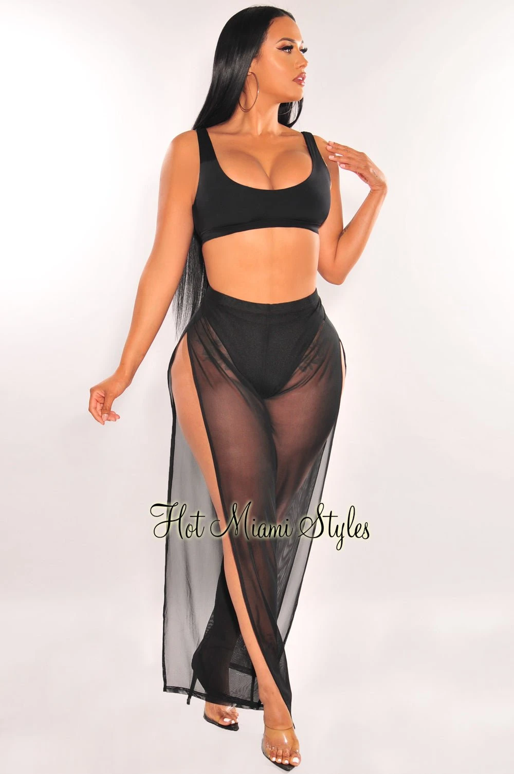 Black Mesh Sheer High Waist Double Slit Cover Up Pants 1 Black Mesh Sheer High Waist Double Slit Cover Up Pants