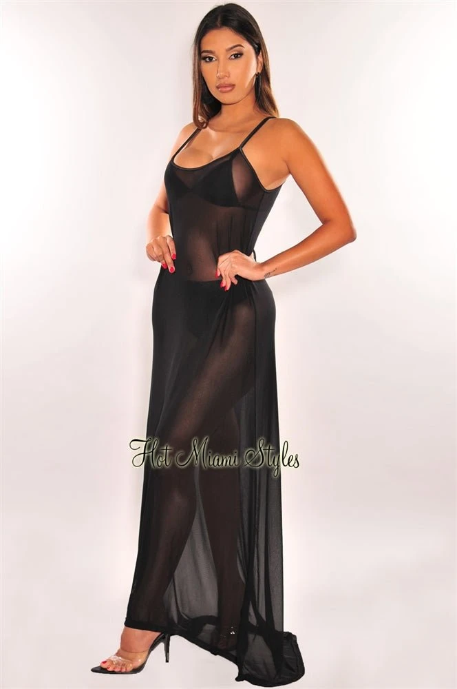 Black Mesh Sheer Spaghetti Straps Maxi Dress Cover Up 1 Black Mesh Sheer Spaghetti Straps Maxi Dress Cover Up