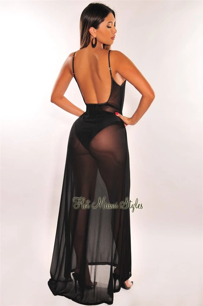 Black Mesh Sheer Spaghetti Straps Maxi Dress Cover Up 2 Black Mesh Sheer Spaghetti Straps Maxi Dress Cover Up - Image 2