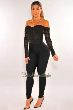 Black Mesh Shimmer Padded Bustier Ruched Long Sleeve Top 6 Black Mesh Shimmer Padded Bustier Ruched Long Sleeve Top -Miamis Style Shop black mesh shimmer padded bustier ruched long sleeve top hot miami styles 478293