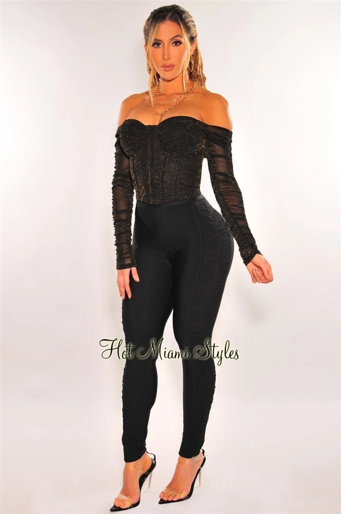 Black Mesh Shimmer Padded Bustier Ruched Long Sleeve Top 3 Black Mesh Shimmer Padded Bustier Ruched Long Sleeve Top - Image 3