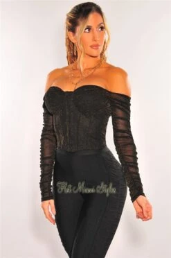 Black Mesh Shimmer Padded Bustier Ruched Long Sleeve Top