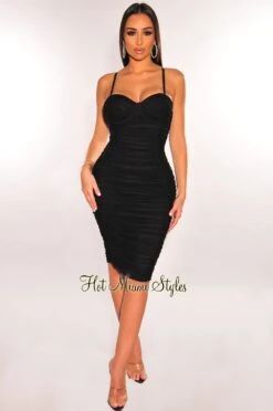 Black Mesh Spaghetti Straps Padded Ruched Dress