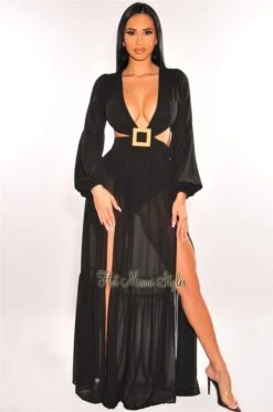 Black Mesh V Neck Cut Out Long Sleeves Double Slit Maxi Dress