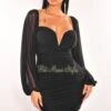 Black Mesh V Wire Long Sleeve Ruched Dress
