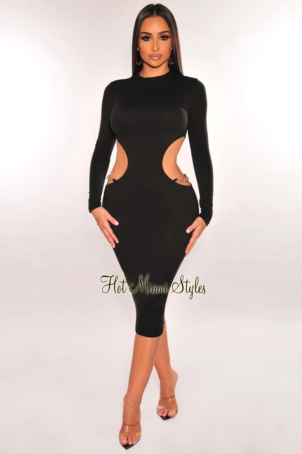 Black Mock Neck Gold Chain Cut Out Long Sleeve Dress 1 Black Mock Neck Gold Chain Cut Out Long Sleeve Dress