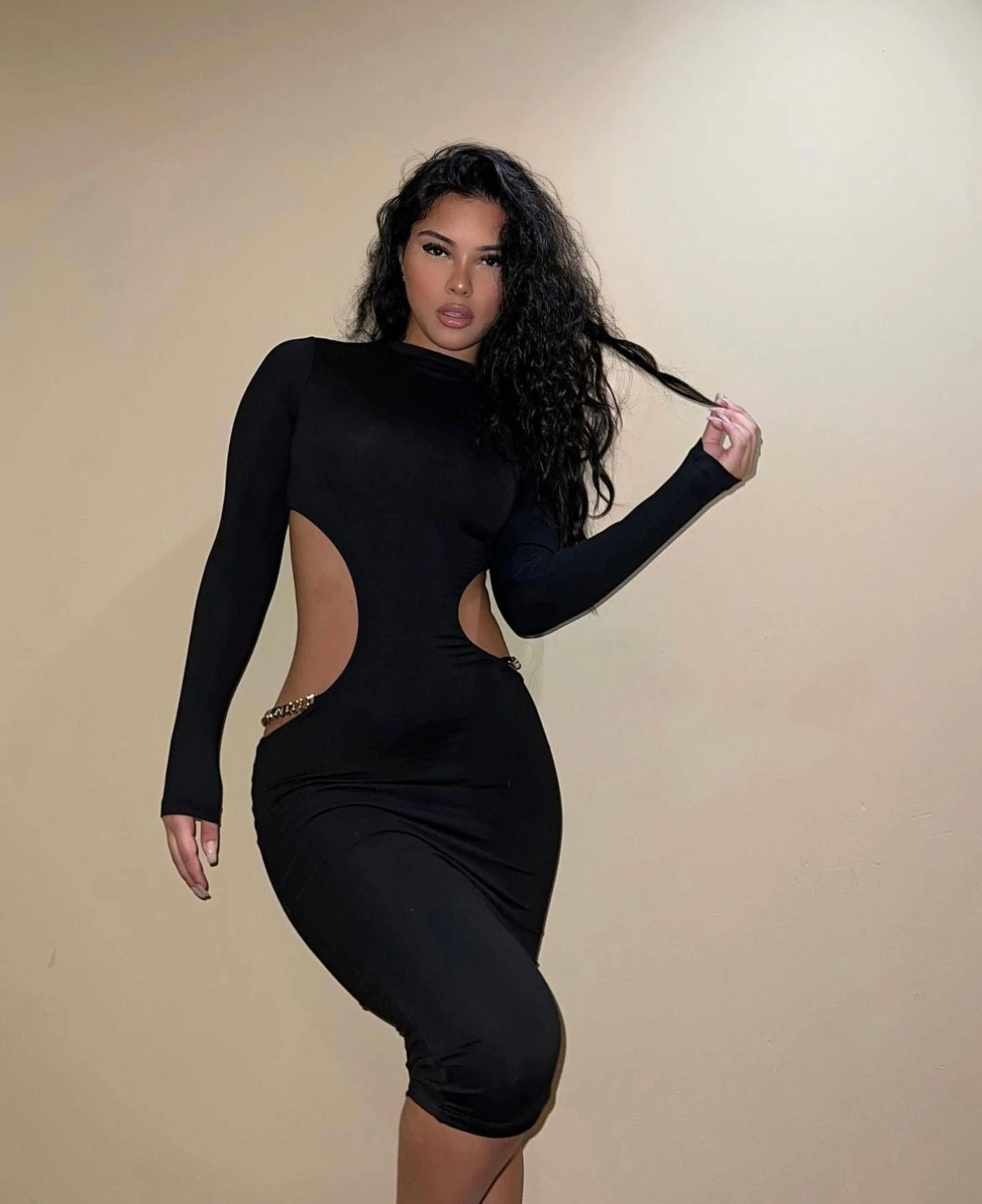 Black Mock Neck Gold Chain Cut Out Long Sleeve Dress 3 Black Mock Neck Gold Chain Cut Out Long Sleeve Dress - Image 3