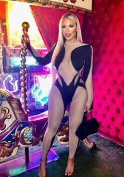 Black Mock Neck Nude Sheer Mesh Long Sleeve Jumpsuit -Miamis Style Shop black mock neck nude sheer mesh long sleeve jumpsuit hot miami styles 668699