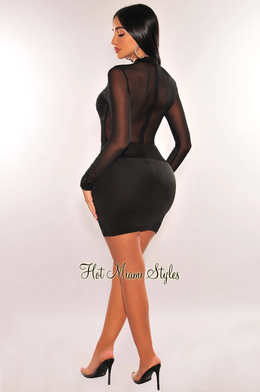 Black Mock Neck Rhinestone Mesh Long Sleeves Dress 4 Black Mock Neck Rhinestone Mesh Long Sleeves Dress - Image 4