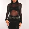 Black Mock Neck Rhinestone Mesh Long Sleeves Dress