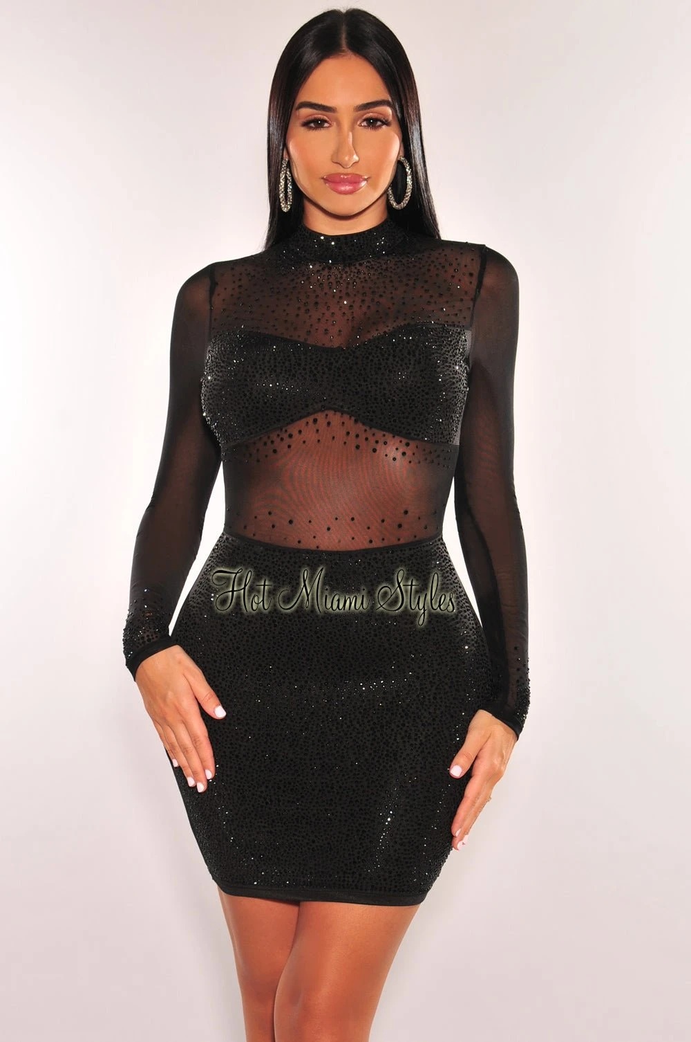 Black Mock Neck Rhinestone Mesh Long Sleeves Dress 1 Black Mock Neck Rhinestone Mesh Long Sleeves Dress