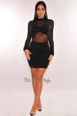 Black Mock Neck Rhinestone Mesh Long Sleeves Dress 6 Black Mock Neck Rhinestone Mesh Long Sleeves Dress -Miamis Style Shop black mock neck rhinestone mesh long sleeves dress hot miami styles 649150