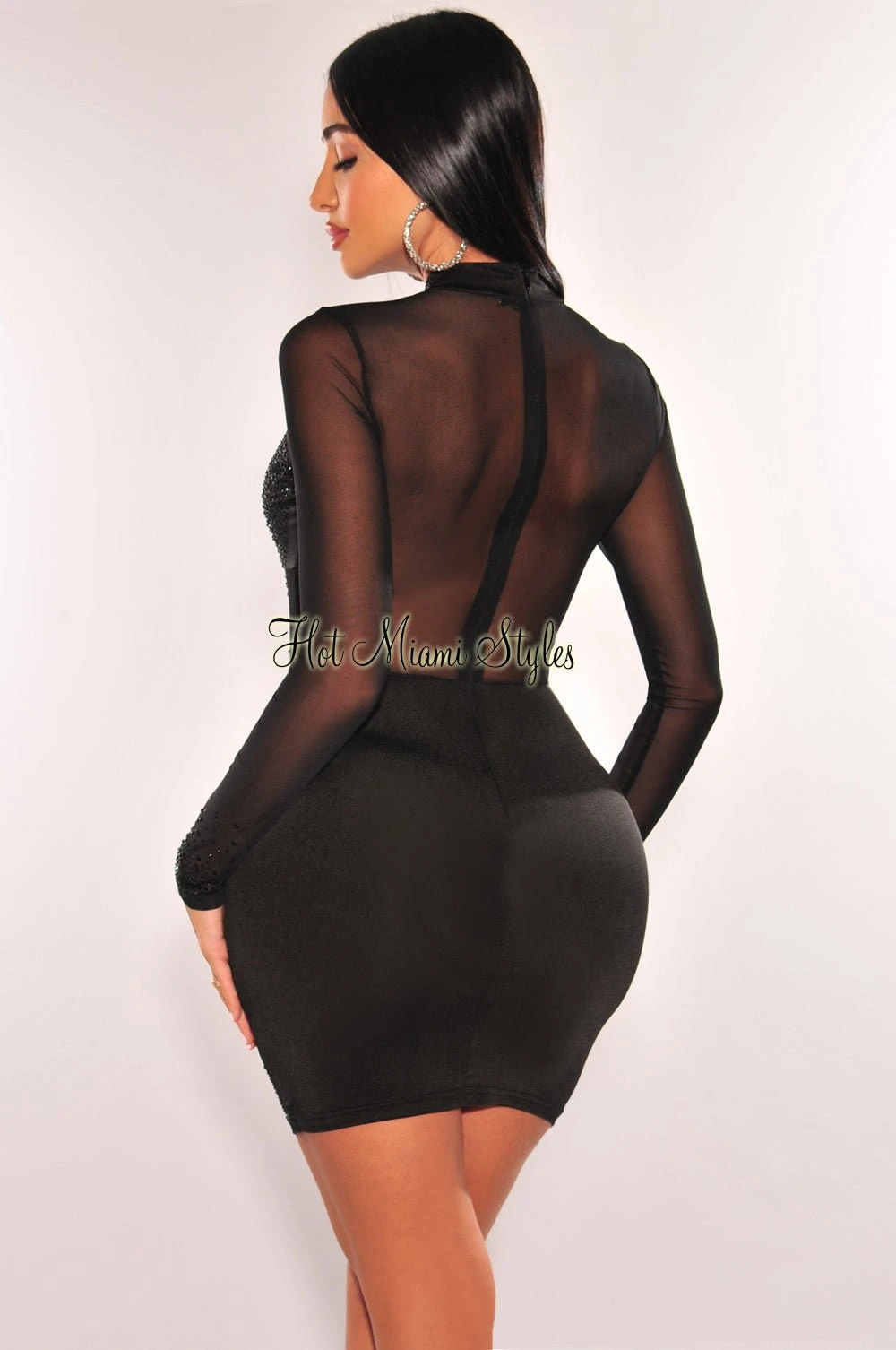 Black Mock Neck Rhinestone Mesh Long Sleeves Dress 2 Black Mock Neck Rhinestone Mesh Long Sleeves Dress - Image 2