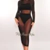 Black Mock Neck Sheer Mesh Long Sleeve Dress