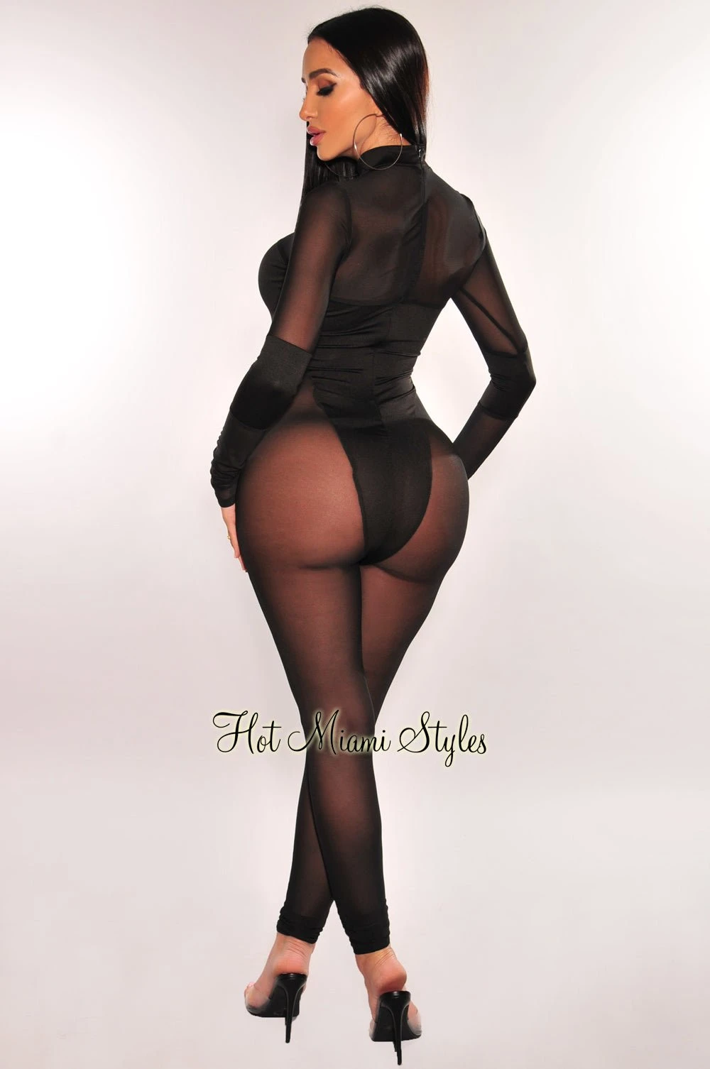 Black Mock Neck Sheer Mesh Long Sleeve Jumpsuit 2 Black Mock Neck Sheer Mesh Long Sleeve Jumpsuit - Image 2