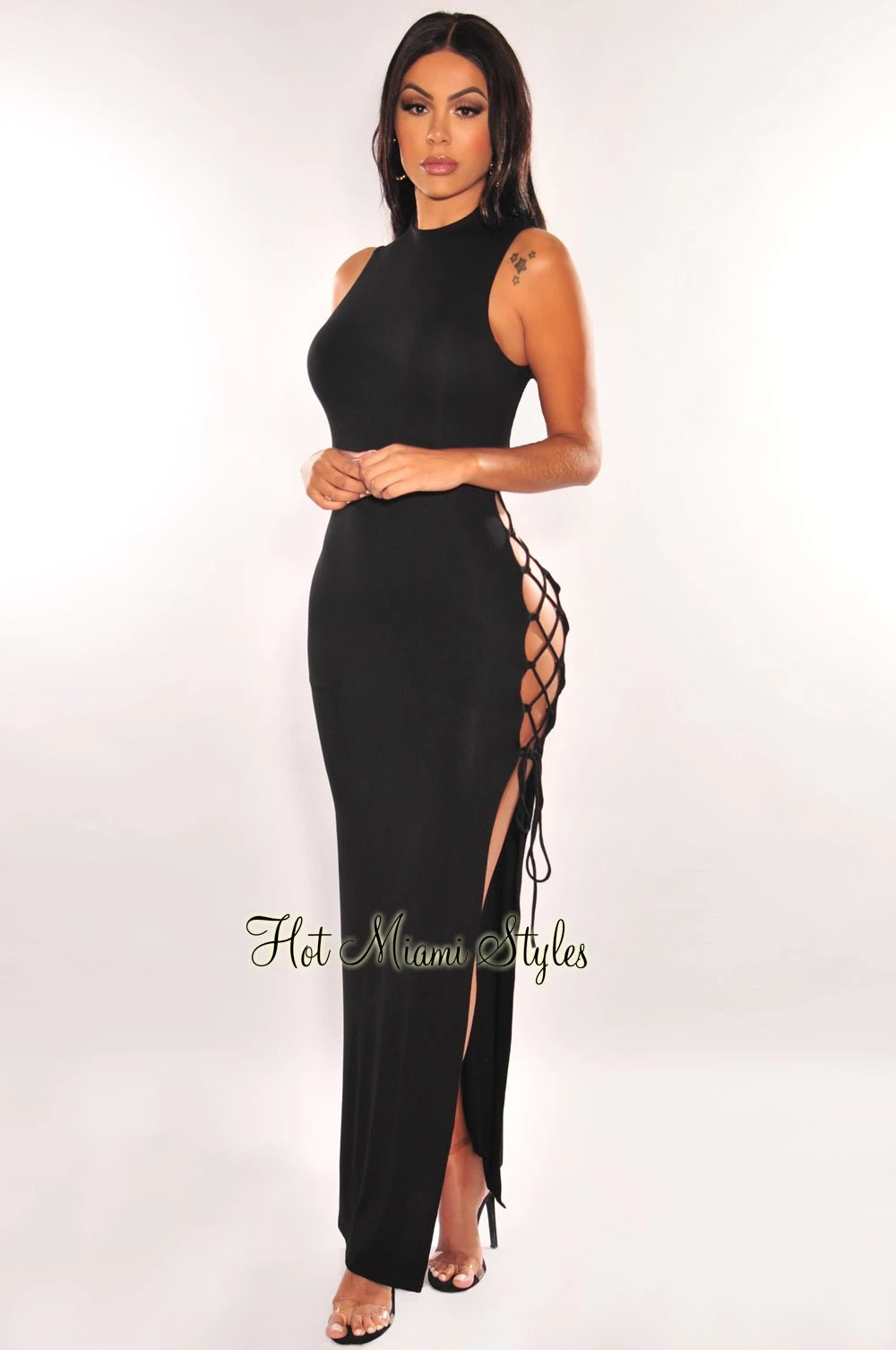 Black Mock Neck Sleeveless Lace Up Back Dress 2 Black Mock Neck Sleeveless Lace Up Back Dress - Image 2