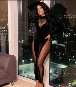 Black Mock Neck Velour Mesh Long Sleeve Jumpsuit 5 Black Mock Neck Velour Mesh Long Sleeve Jumpsuit -Miamis Style Shop black mock neck velour mesh long sleeve jumpsuit hot miami styles 373891