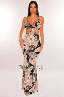 Black Multi Color Tropical Print Spaghetti Straps Cut Out Maxi Dress