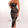 Black Nude Mesh Lace Up Back Ruched Slit Midi Dress