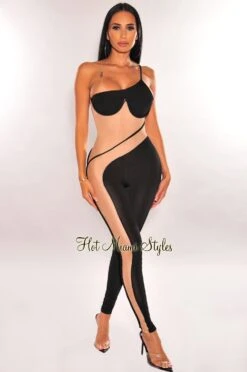 Black Nude Mesh One Shoulder Underwire Sheer Jumpsuit