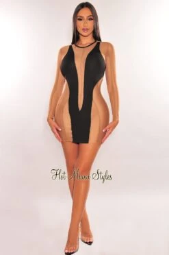 Black Nude Mesh Sheer Long Sleeve Mini Dress -Miamis Style Shop black nude mesh sheer long sleeve mini dress hot miami styles 767515