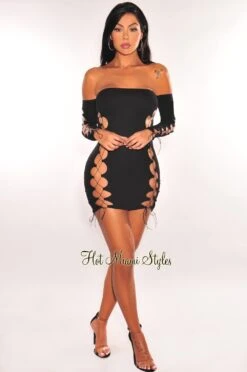 Black Off Shoulder Long Sleeve Lace Up Mini Dress -Miamis Style Shop black off shoulder long sleeve lace up mini dress hot miami styles 177812