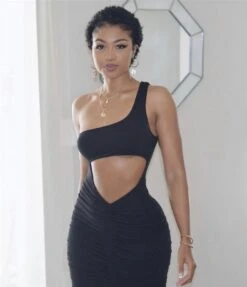 Black One Shoulder Cut Out Ruched Dress -Miamis Style Shop black one shoulder cut out ruched dress hot miami styles 448353