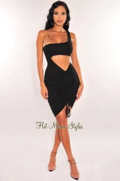 Black One Shoulder Cut Out Ruched Dress -Miamis Style Shop black one shoulder cut out ruched dress hot miami styles 924053