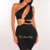 Black One Shoulder Cut Out Strap Drawstring Ruched Mini Dress
